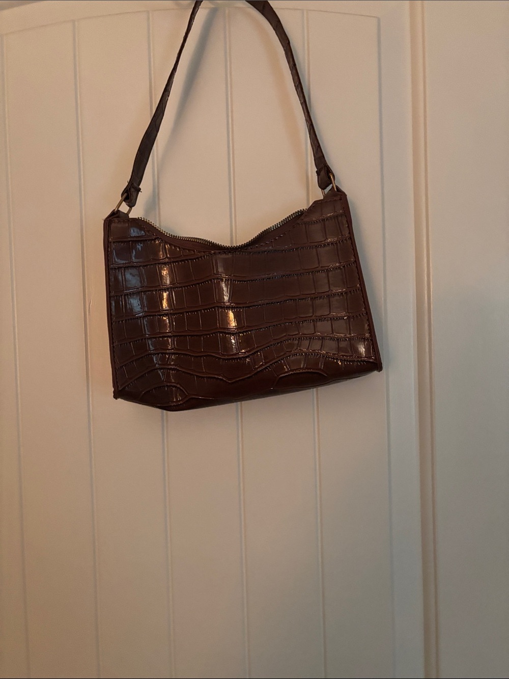 Croc-Embossed Shoulder Bag in Dark Brown